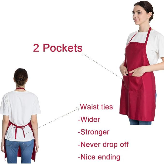 Total 6PCS Deep Red Bib Apron for Women Adult Unisex Durable Comfortable with 2 Front Pockets Washable Chef Aprons for Cooking Baking Kitchen Restaurant Crafting Painting. - Image 3