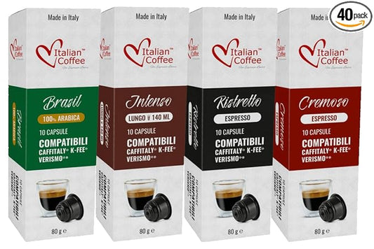 ITALIAN COFFEE FOR ESPRESSO LOVERS Italian Coffee capsules compatible with Verismo, CBTL, Caffitaly, K-fee systems (Sampler, 4 flavors, 40 pods tot., No decaf)
