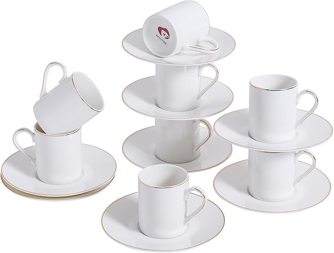 White Porcelain 8-Piece Espresso Cup Set - 3.3oz Demitasse Cups and Saucers Set, Elegant design with gold trim, Perfect for Espresso, Turkish Coffee, and Dessert Drinks, Gifts