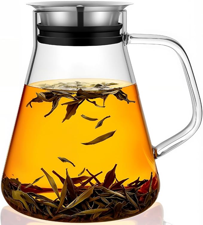 Aquach 51oz Glass Teapot with Smart Filter Lid, Stovetop Safe Borosilicate Glass Tea Kettle with Built-in Stainless Steel Infuser, Dishwasher Safe Hot & Iced Tea Maker, Plastic-Free