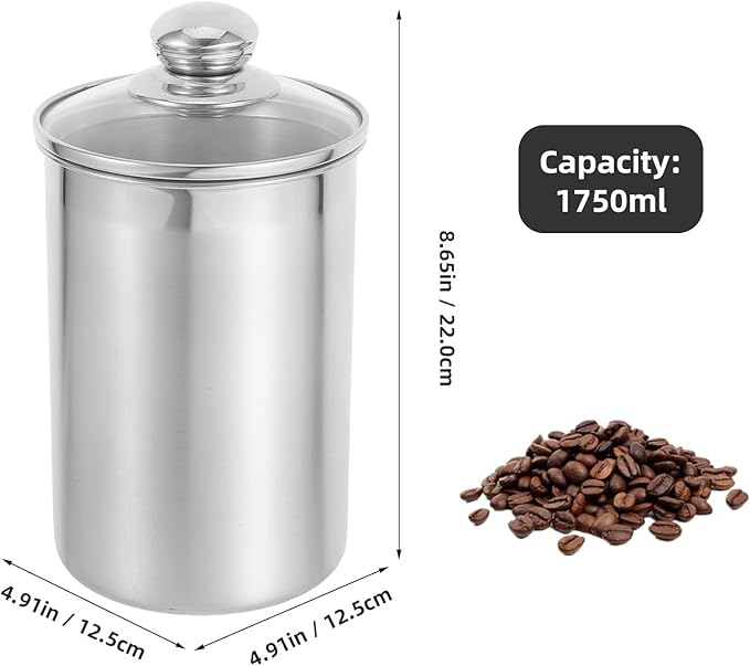 Cabilock Stainless Steel Canister Food Jars with Glass Lid, Kitchen Coffee Canister Cereal Storage Containers for Countertop Tea Sugar Beans Flour Cookie Candy Snack and More 60oz