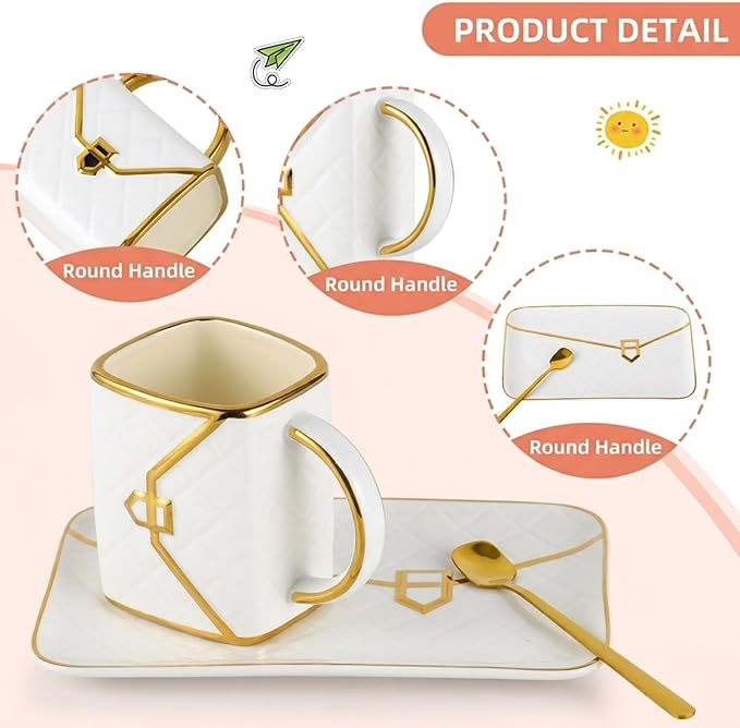 Handbag Shaped Mug, Handbag Coffee Mug And Saucer, Purse Coffee Ceramic Mug Set 10 Oz/ 310 ml Cute Creative Design Travel Tea Cup for Women Men Father's Day Thanksgiving