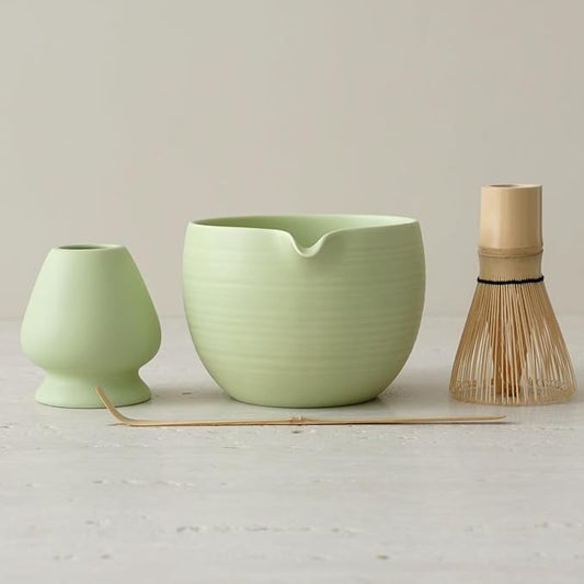 Matcha Whisk Set, Ceramic Matcha Bowl & Whisk Holder, Bamboo Accessory, Modern Design (Matte Crème, Pouring Spout) (Mint Green)