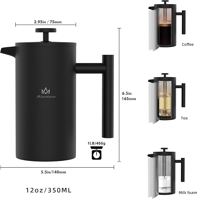 French Press Coffee Maker, 12OZ Double Wall Vacuum Insulated 304 Stainless Steel for Home, Camping and Office