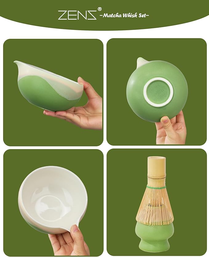 ZENS Matcha Whisk Set, 6pcs Matcha Kit Set, Matcha Bowl with Spout, Handcrafted Bamboo Whisk & Scoop, Chasen Holder, 304 Sifter & Tea Mat, Ideal Gift for Matcha Lovers, Birthday-Green