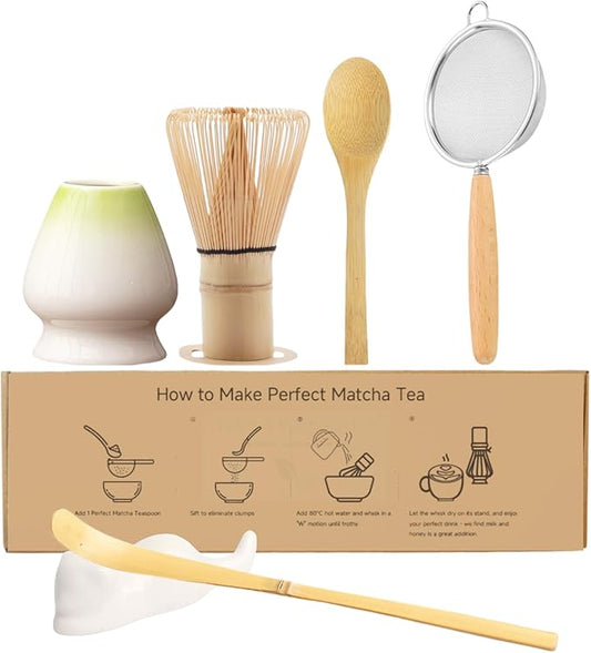 Matcha Whisk Set, 6-Piece Matcha Making Kit, Macha Tea Set, (Chasen Holder), Ceramic Whisk Holder, Matcha Starter Sifter, Bamboo Scoop, Spoon Japanese Tea Tools For Ceremony Gift (Green Jade)
