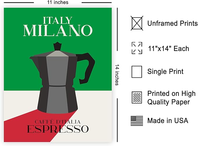 Poster Master Moka Pot Print - Espresso Poster - Italian Coffee Art - Great Gift for Barista, Coffee Lovers, Café Owner - Perfect Wall Decor for Dining Room, Kitchen - 11x14 UNFRAMED Wall Art