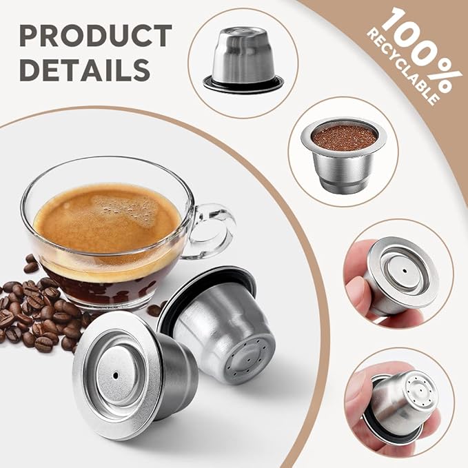 Stainless Steel Refillable Coffee Espr*sso Capsules, Reusable Coffee Pods Compatible with Nespresso Original Line Brewers 4Y Crema New Generation (3 Capsules + 1 Tamper)
