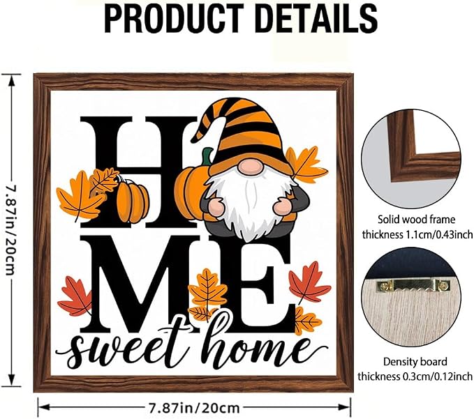 Rustic Home Sweet Home Wooden Sign, With Frame Farmhouse Fall Gnome Plaque Sign for Home Kitchen, Cafe, Bar, Garage Halloween Decor, Harvest Festival Decor 7.87x7.87 Inch - Image 4