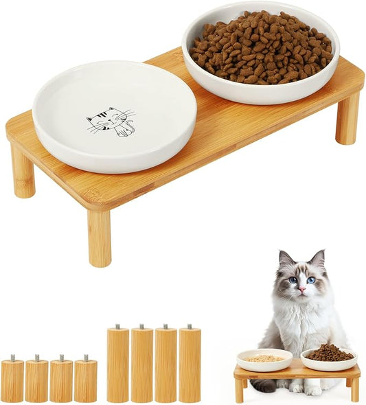 Elevated Cat Bowls for Indoor Cats – Raised Bamboo Cat Food Table with 2 Ceramic Dishes, Adjustable Height (4.25"/3.07"), Whisker Friendly Feeding Station