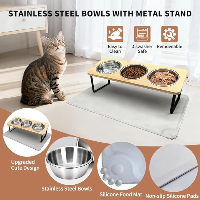 Elevated Cat Bowls with Silicone Mat – 3 Stainless Steel Bowls, 15° Tilted Bamboo Stand Feeding Station for Indoor Cats & Puppy, Anti Vomiting, Whisker Fatigue Relief & Healthy Digestion