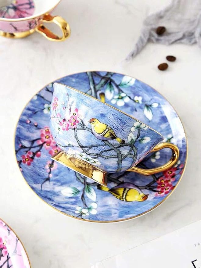 YBK Tech Euro Style Cup& Saucer Set Art Bone China Ceramic Tea Coffee Cup for Breakfast Home Kitchen- Birds and Trees Patterns (Bright Blue)