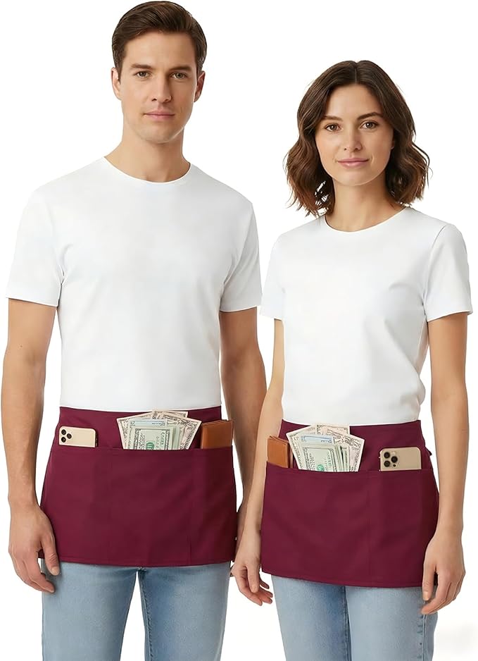 BOHARERS Waist Apron with 3 Pockets 12 Pack - Red Waitress Server Short Apron