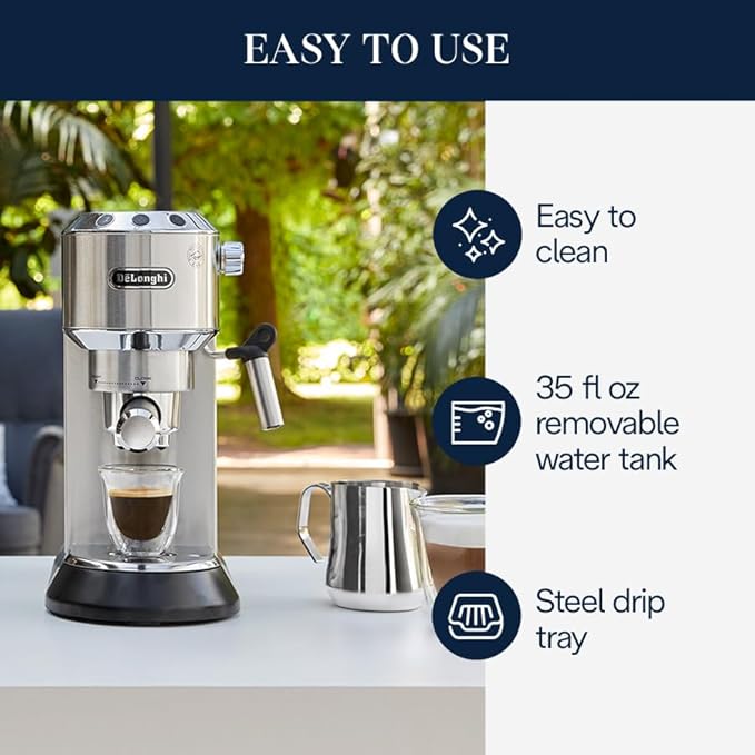 De’Longhi Dedica Espresso Machine with Manual Milk Frother, 15-Bar Pump & Adjustable Tray - Home Barista Coffee Maker for Espresso, Latte, Cappuccino & Iced Coffee - Italian Stainless Steel Design