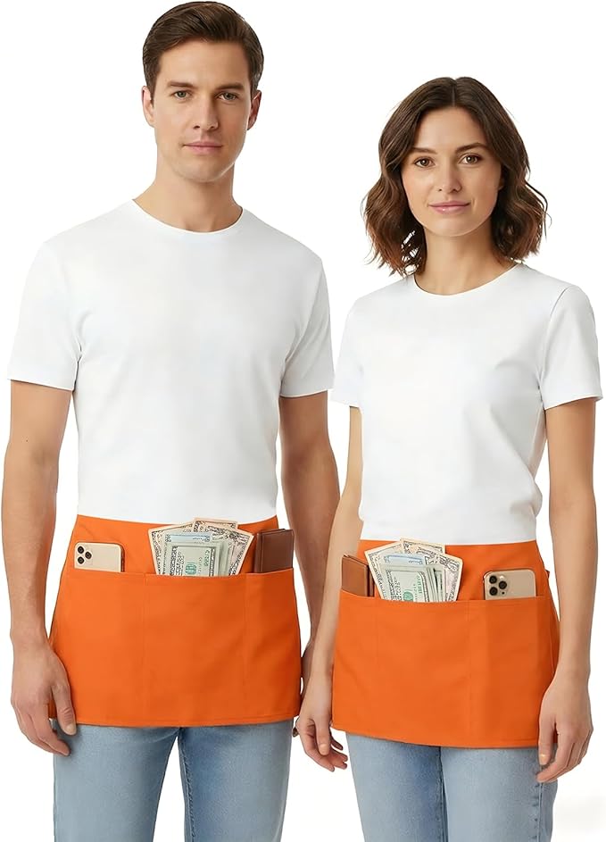 BOHARERS Waist Apron with 3 Pockets 12 Pack - Orange Waitress Server Short Apron