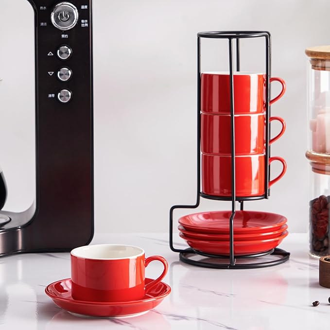 2.5oz Espresso Cups Set of 4, Porcelain Stackable Espresso Cups with Saucers and Metal Stand Set, Red Expresso Shots Cup Set