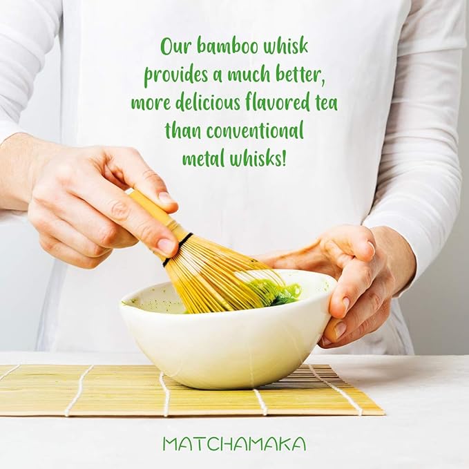 Matcha Whisk - Bamboo Whisk for Matcha Powder, MATCHAMAKA Handcrafted Organic Traditional Japanese Chasen, 80-Prong Matcha Stirrer Wisk Mixer Brush for Authentic Tea Preparation