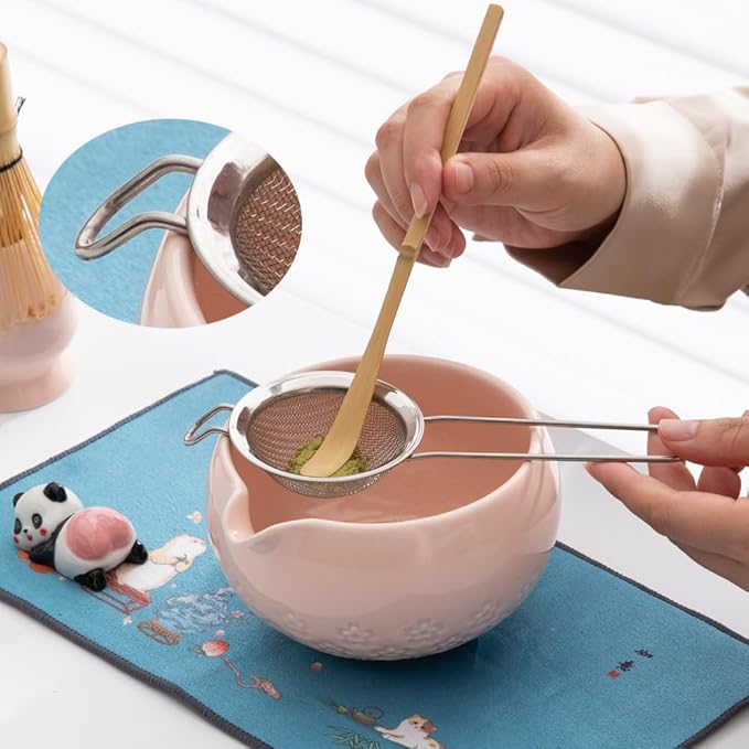 Matcha whisk set, pink matcha bowl set, includes bowl with spout, bamboo whisk, spoon, ceramic stand, stainless steel sieve, towel. Perfect matcha starter set (pink)