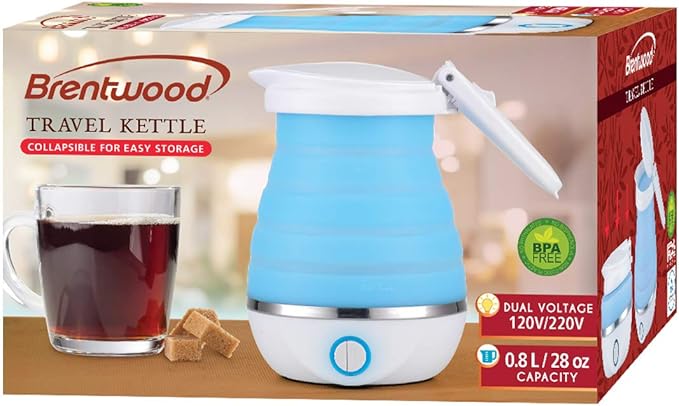Brentwood KT-1508BL Dual Voltage 120/220 Volt Collapsible-Travel Kettle, 0.8 Liter, Blue