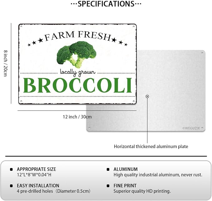 Vintage Broccoli Metal Signs Wall Decor Funny Vegetables Art Poster Decorative for Home Farmhouse Kitchen Garden Cafe Bar Farm Porch Fence Yard 12X8 Inch Aluminium Hanging Plaque - Image 2