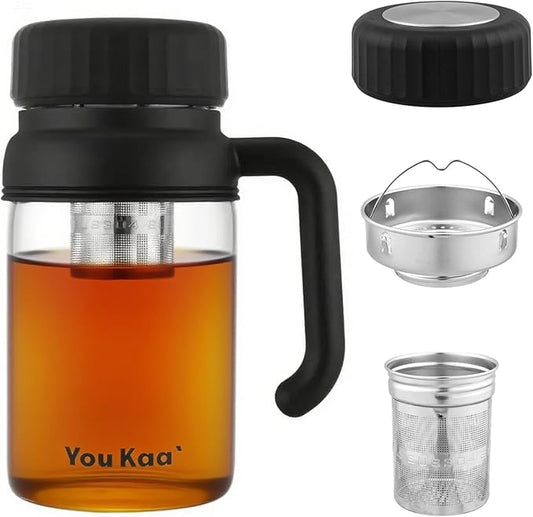 32oz Glass Water Bottle, Tea Bottle with Infuser & Handle, BPA-Free Leakproof Wide Mouth Large Tea Infuser cup for Hot or Cold Drinks, Loose, Fruit (Black)