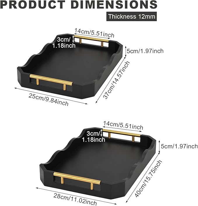 2 Pack Bamboo Trays with Handles - Decorative Stackable Ottoman & Serving Trays for Coffee Table, Breakfast in Bed, Couch Snacking, Home Decor (Black)