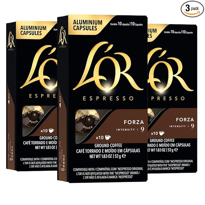 L'OR Espresso Capsules, 30 Count Forza, Single-Serve Aluminum Coffee Capsules Compatible with the L'OR BARISTA System & *Nespresso Original Machines, 30 Count (Pack of 3)