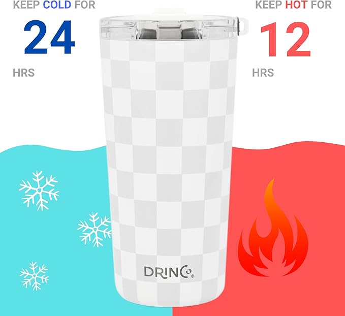 Drinco - 20 oz Stainless Steel Tumbler | Double Walled Vacuum Insulated Mug With Lid, 2 Straws, For Hot & Cold Drinks (20oz Checker)
