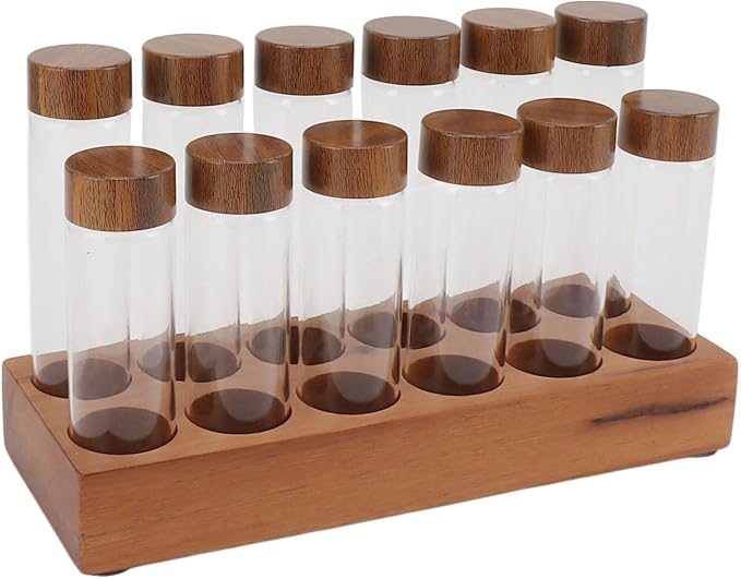 Fockety Coffee Bean Storage Tubes Single Dose, 6PCS or 12PCS Coffee Bean Cellar, Dosing Glass Vials with Lids, Wooden Display Stand and Funnel, Airtight Sealed Glass Canister Jars Tubes