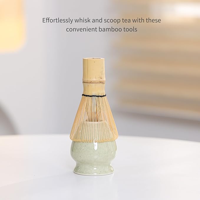 Matcha Set Match Bowl with Spout and Matcha Whisk Holder Whisk Tea Set Includes and Bamboo Scoop Ceramic 17 OZ - 4pc Perfect Matcha Kit for Matcha Tea Ceremony (Mottled Green)