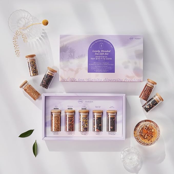 KKOKDAM Lovely Blending Tea Gift Set – Premium 5-Flavor Tea Sampler (3 Herbal & 2 Black Tea Blends) – Loose Leaf Tea Variety Pack in Glass Jars – Unique Korean Gift Box for Women, Mom & Tea Lovers
