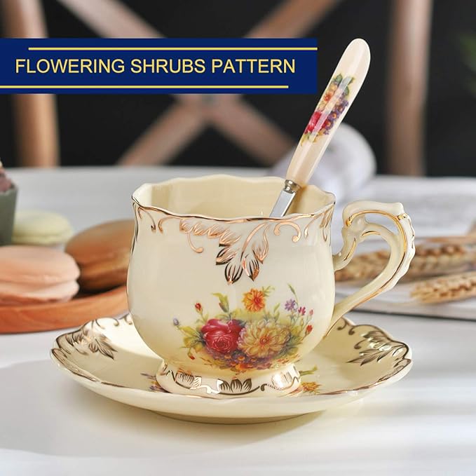 YOLIFE Tea Cup and Saucer Set, 8 oz Tea Cup Set, Teacup, Ceramic Tea Cup with Saucer Spoon, Ivory Vintage Flowering Shrubs with Gold Leaves Trim, Gifts for Women
