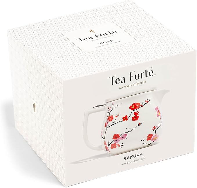 Tea Forte Fiore Sakura Cherry Blossom Ceramic Teapot with Removable Stainless Steel Infuser Basket and Lid, Steeps 24 oz. Loose Leaf Tea, Lid and Teapot Dishwasher & Microwave Safe