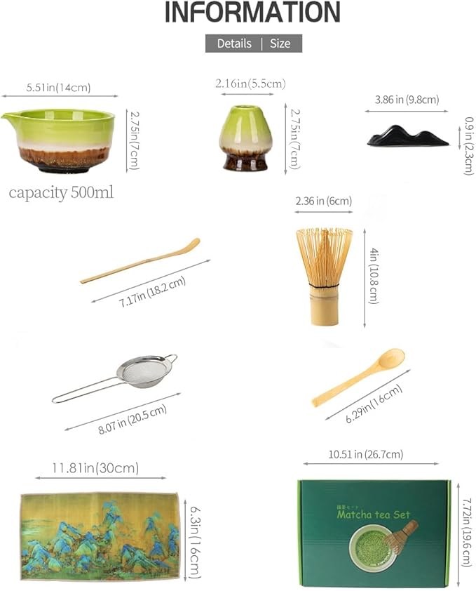 Matcha Whisk Set,8 Pcs Matcha Kit Includes Matcha Bowl with Spout,Matcha Whisk Holder,Bamboo with Ceramic Holder,Bamboo Scoop and Rest,Sifter,Tea Towel for Ceremony Matcha Lovers Gift (Green)