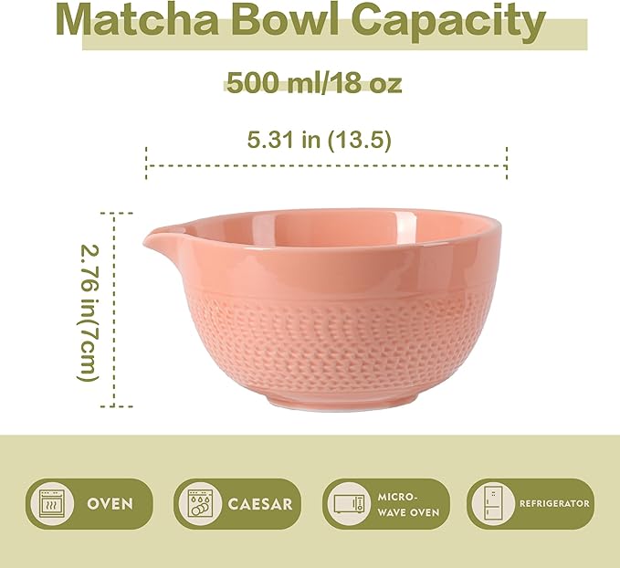 Matcha Bowl with Spout, 500 ml/18 oz Ceramic Matcha Mixing Bowl, Japanese Ceremonial Matcha Chawan for Matcha Powder/Salad/Fruit/Soup/Tea - Pink