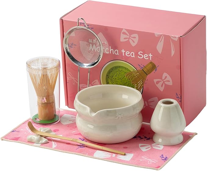 Matcha Kit 7-Pcs matcha whisk set, Measuring Spoon, Japanese Tea Making Tools,Cha, tea bowl, pink matcha set (grey)