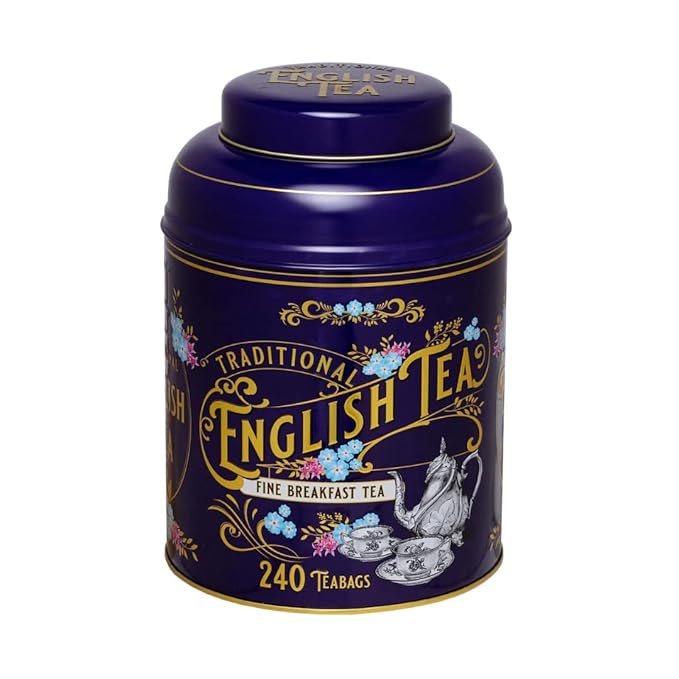 New English Teas Vintage Victorian Tea Tin in Royal Purple With 240 English Breakfast Teabags, Forget Me Not Florals