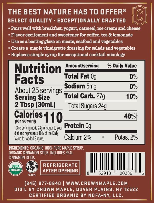 Crown Maple Certified Organic Cinnamon Infused Maple Syrup, Pure, Non-GMO Pairs well with Pancakes, Flavor Cocktails, Sticky Buns, Waffles, 25 Fl Oz (Pack of 1) - Image 3