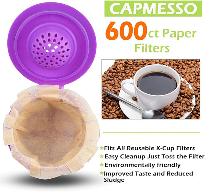 CAPMESSO Disposable Coffee Paper Filters Replacement Kerig Filter Compatible with Reusable Single Serve Pods Keurg Coffee Maker- 600 Count (Natural)