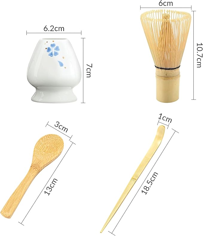 Traditional Japanese Matcha Tea Whisk Set, 4 Piece Bamboo Ceremonial Kit with Ceramic Holder (Four-leaf clover blue)