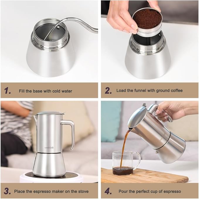 wedrink Stovetop Espresso Maker 4 Espresso Cups Stainless Steel Moka Pot for Greca, Induction, Electric & Gas Stoves(6.5 OZ/200ml)