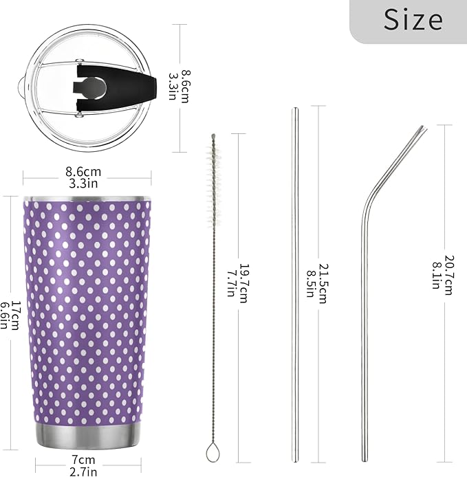 Tumbler Cute Polka Dot Purple Insulated Coffee Cup Beverage Container Travel Mug with Straw and Lid Double Wall Stainless Steel 20oz BPA-Free for Sport, Back to School
