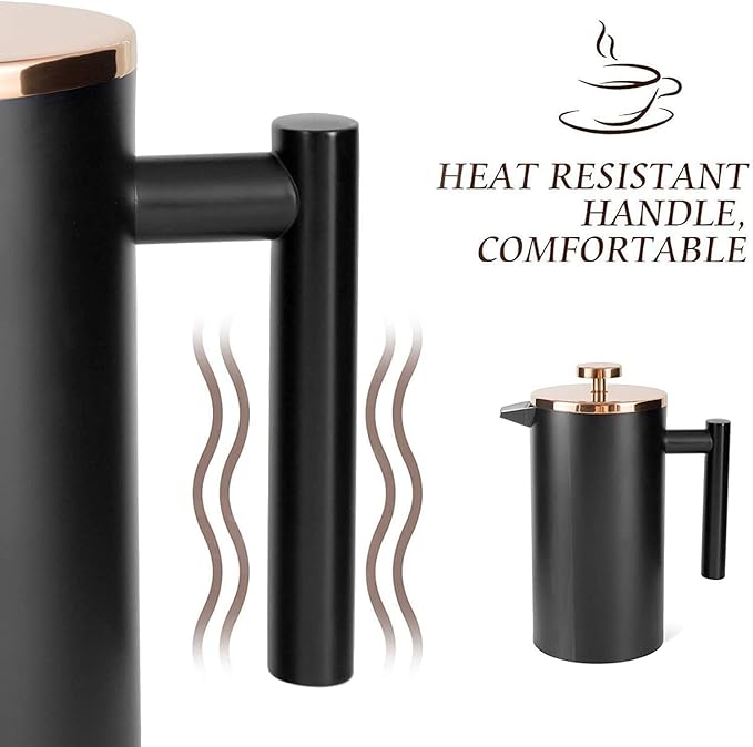 Miuly 12oz French Press for One Person, Small Coffee Press 350ml with 2 Filter Mesh, Double Wall Insulated French Press for Travel, Black