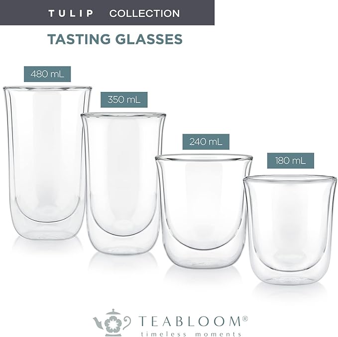 Teabloom Tulip Insulated Glasses for Tea, Coffee and other Beverages - Double Walled Heatproof Glass Maintains Drinks Hot/Cold, 8 oz (Set of Two)