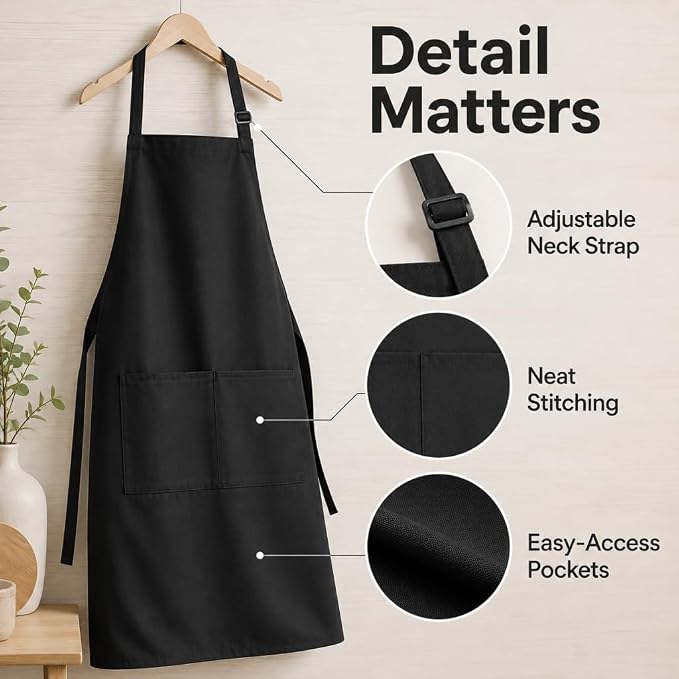 Chef Apron,Cotton Polyester Kitchen Apron with 2Pockets,Adjustable Stain Resistant for Cooking BBQ(1Pcs) - Image 4