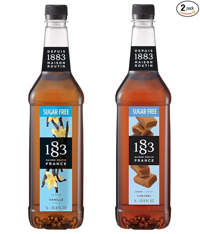 1883 Sugar Free Vanilla & Sugar Free Caramel Syrups (Café Variety Pack) for Coffee & Drinks – 1 Liter Plastic Bottles (Pack of 2)