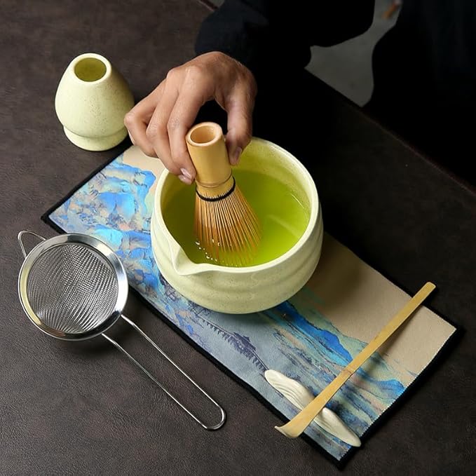 7 matcha whisk set 1 Matcha Whisk ，Matcha Bowl with Pouring Spout Scoop Matcha Whisk Holder Tea Making Kit. 1 matcha whisk set (7pcs), 15.2 Ounce (Yellow)