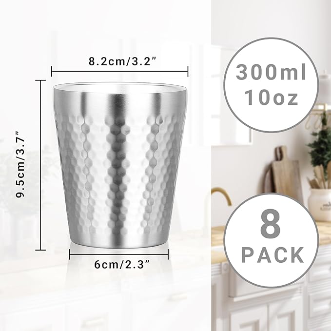 Stainless Steel Cups Double Wall, 10 oz Insulated Tumbler, 8 Pack Unbreakable Stackable Water Tumblers Vacuum Insulated Metal Cup Premium Drinking Glasses for Travel Camping Home Outdoor