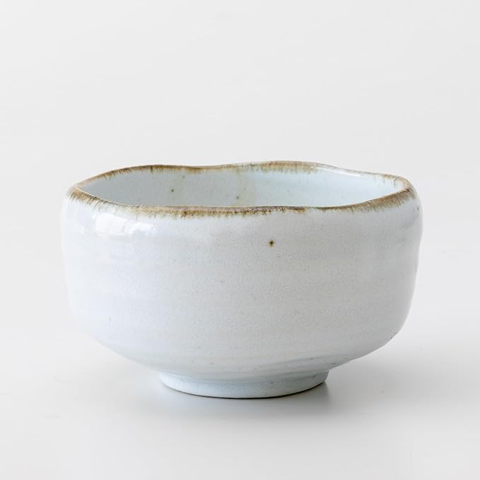 Asayu Japan Shirotsuchi Matcha Bowl - Handmade Gifu Japan Ceramic Chawan, 12 cm (4.72″) Diameter x 7.3 cm (2.87″) Height, 365 g - White with Brown Rim & Speckled Finish