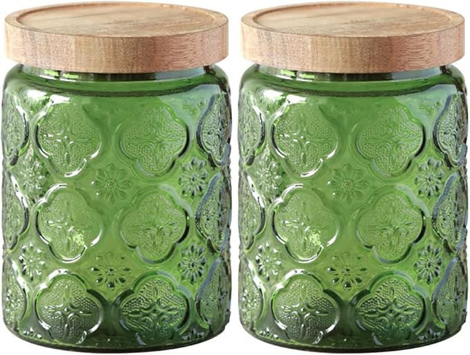 Glass Jar with Lid, Vintage Glass Storage Jars with Airtight Lid Coffee Canister Sugar Container for Kitchen Counter Pantry, Flour, Candy, Tea, Coffee Beans, Oats (Begonia Green*2)